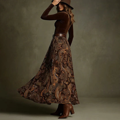 Cardydony Vintage Printed Velvet Belted Maxi Dress