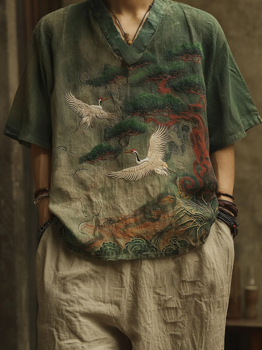 Cardydony Men's Japanese Cranes & Pine Tree Embroidery Casual V Neck Shirt
