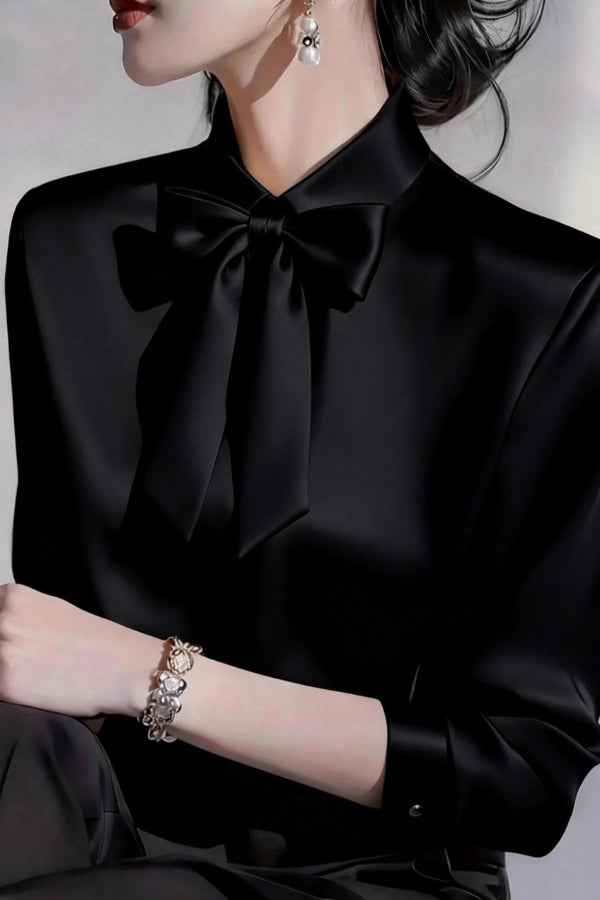 Cardydony Women's  Solid Color Lapel Bow Tie Long-sleeved Casual Shirt
