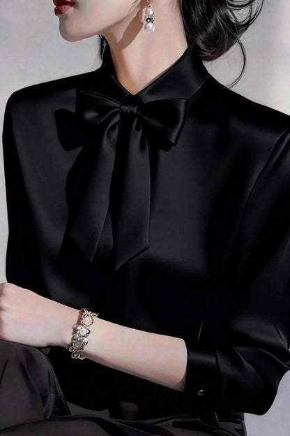 Cardydony Women's  Solid Color Lapel Bow Tie Long-sleeved Casual Shirt