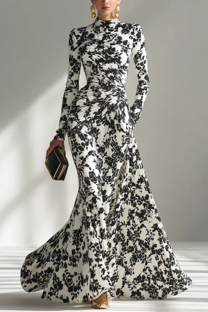 Cardydony Women's Black and White Color-blocked Printed Long-sleeved Pocket Slim-fit Pleated Maxi Dress