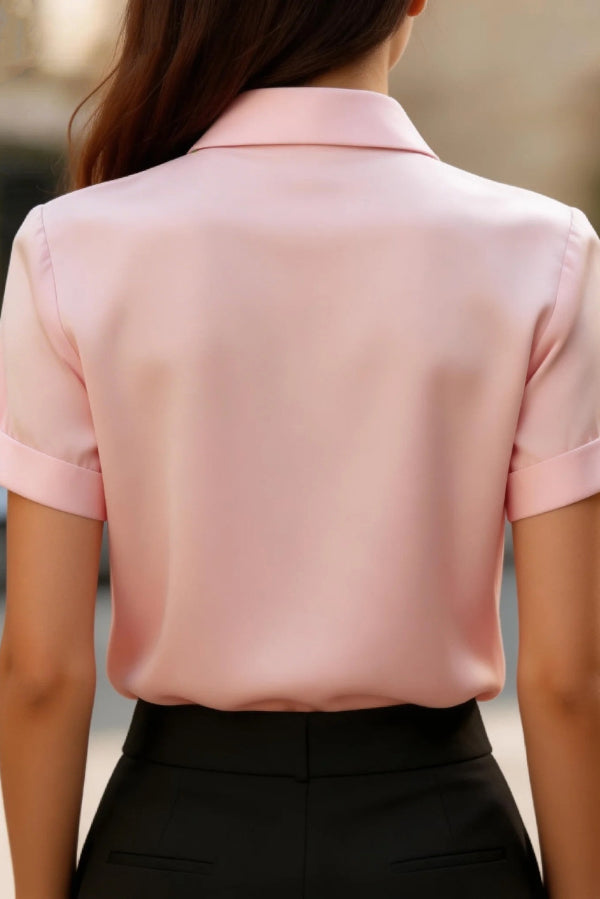Cardydony Women's  Solid Color Collared Tie Short-sleeved Casual Shirt