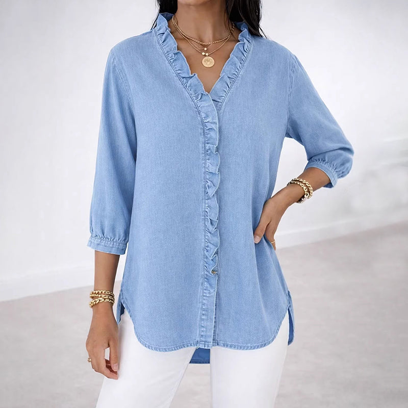 Cardydony Women's Casual Imitation Denim V-neck Ruffle Shirt