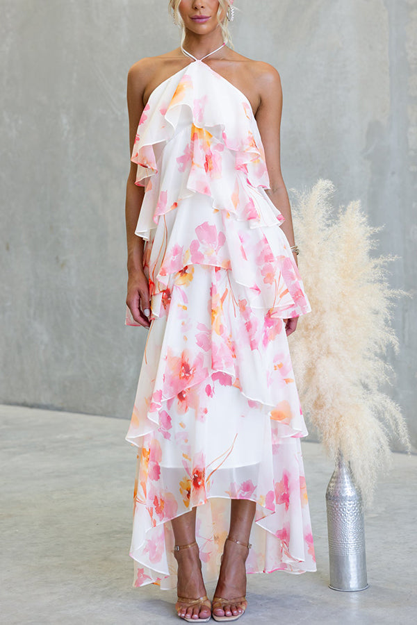 Cardydony Women's Poetic Eden Chiffon Floral Print Tiered Ruffles Halter A-line Maxi Dress