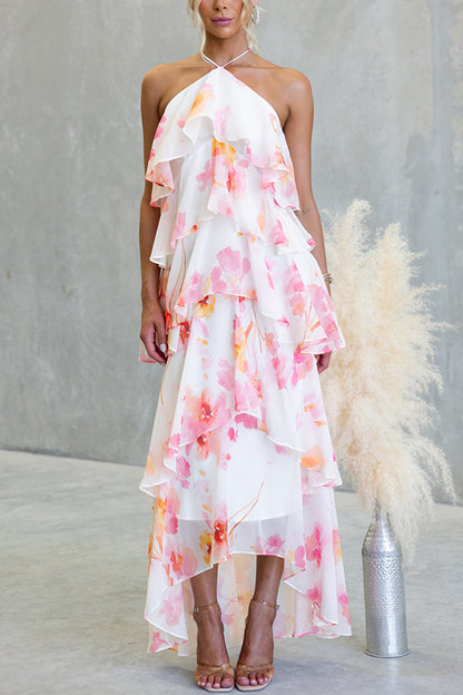 Cardydony Women's Poetic Eden Chiffon Floral Print Tiered Ruffles Halter A-line Maxi Dress