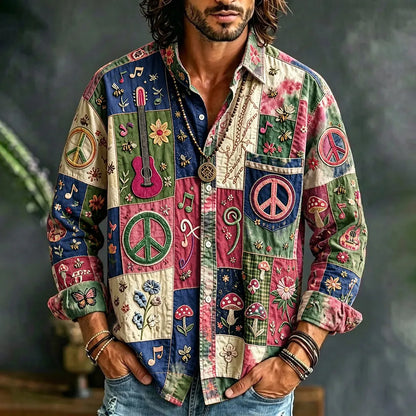 Cardydony Men's Peace Sign And Guitar Hippie Patchwork Print Long Sleeves Shirt