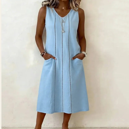 Cardydony Women's Solid Color V-neck Sleeveless Vest Midi Dress