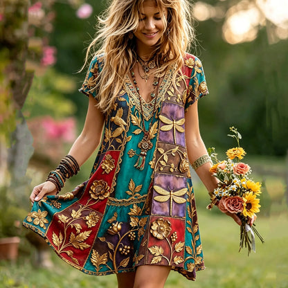 Cardydony Women's Retro Bohemian Dragonfly And Floral Pattern Casual Dress