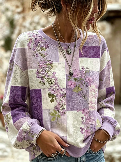 Cardydony Women's Retro Bohemian Floral Print Long-sleeve Sweatshirt