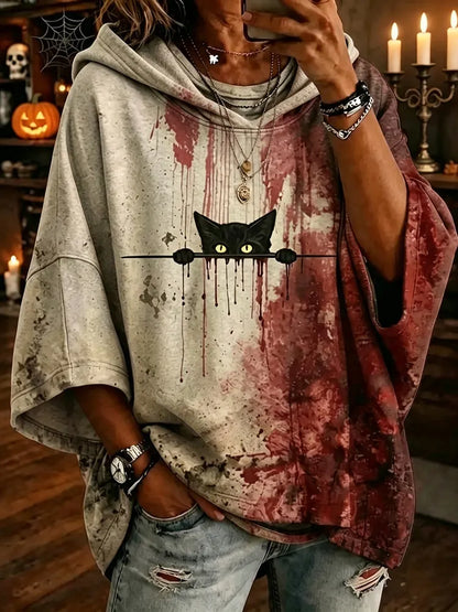 Cardydony Women's Cute Cat With Blood Printed Art Print Hooded Sweatshirt