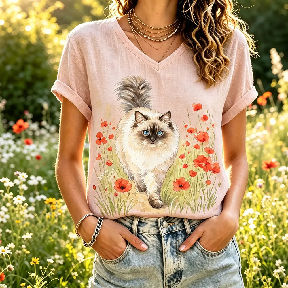 Cardydony Women's V-neck Short-sleeve T-shirt With Fluffy Cat And Red Poppy Flower Watercolor Print