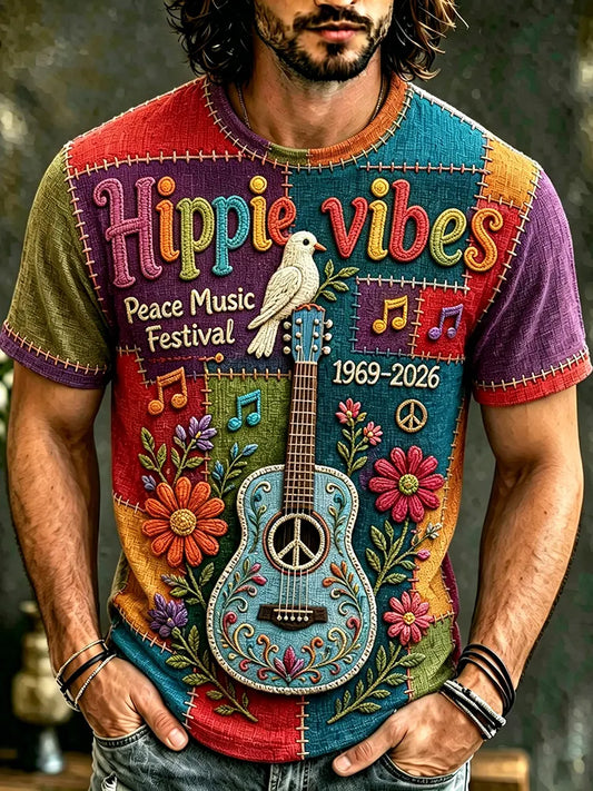 Cardydony Men's Vintage 60s Music In Patchwork Art Hippie Crew Neck T-shirt
