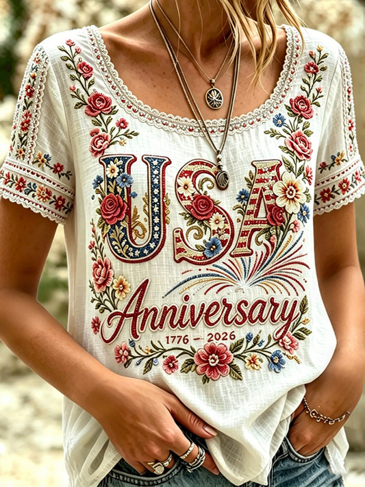 Cardydony Women's Retro Independence Day Anniversary Flag Print Art T-shirt