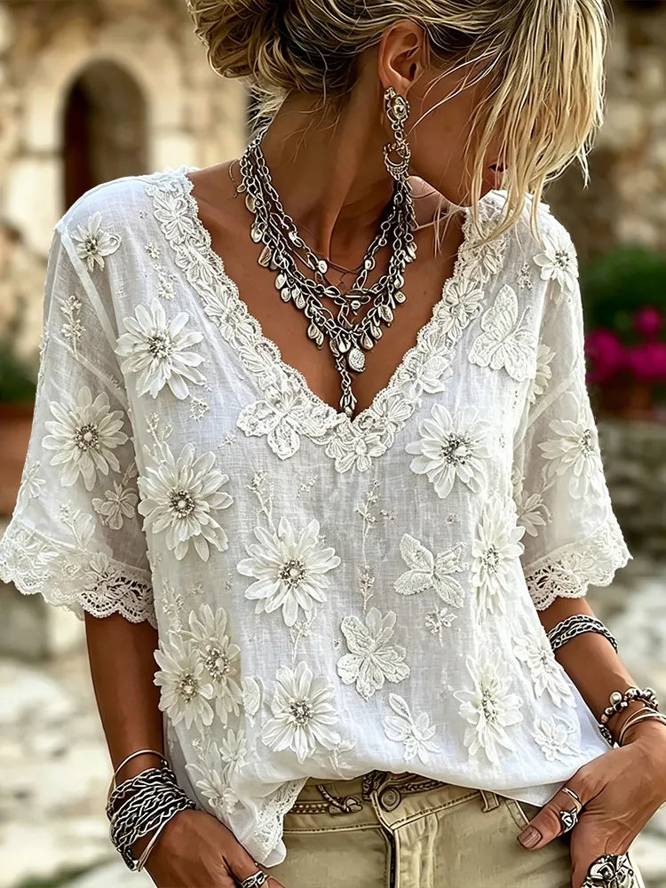 Cardydony 3d Flower Butterfly Lace V-neck Blouse | Bohemian Summer White Cotton Top