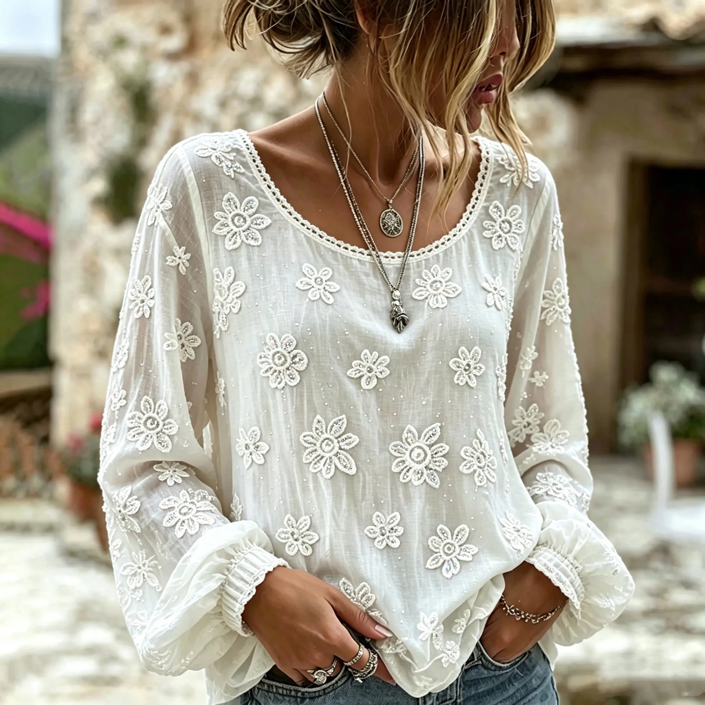 Cardydony Women's Vintage Floral Rose Art Embroidered Linen Blend Long Sleeve Tops