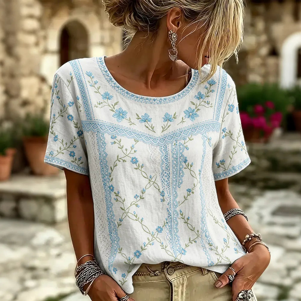 Cardydony Women's Retro Floral Patchwork Print Art Round Neck Linen Blend T-shirt