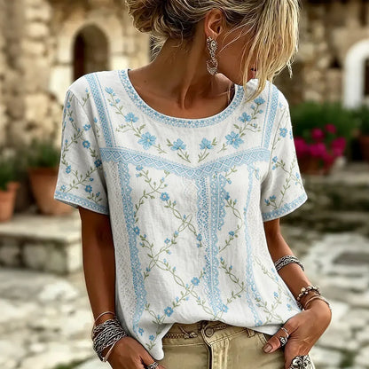 Cardydony Women's Retro Floral Patchwork Print Art Round Neck Linen Blend T-shirt