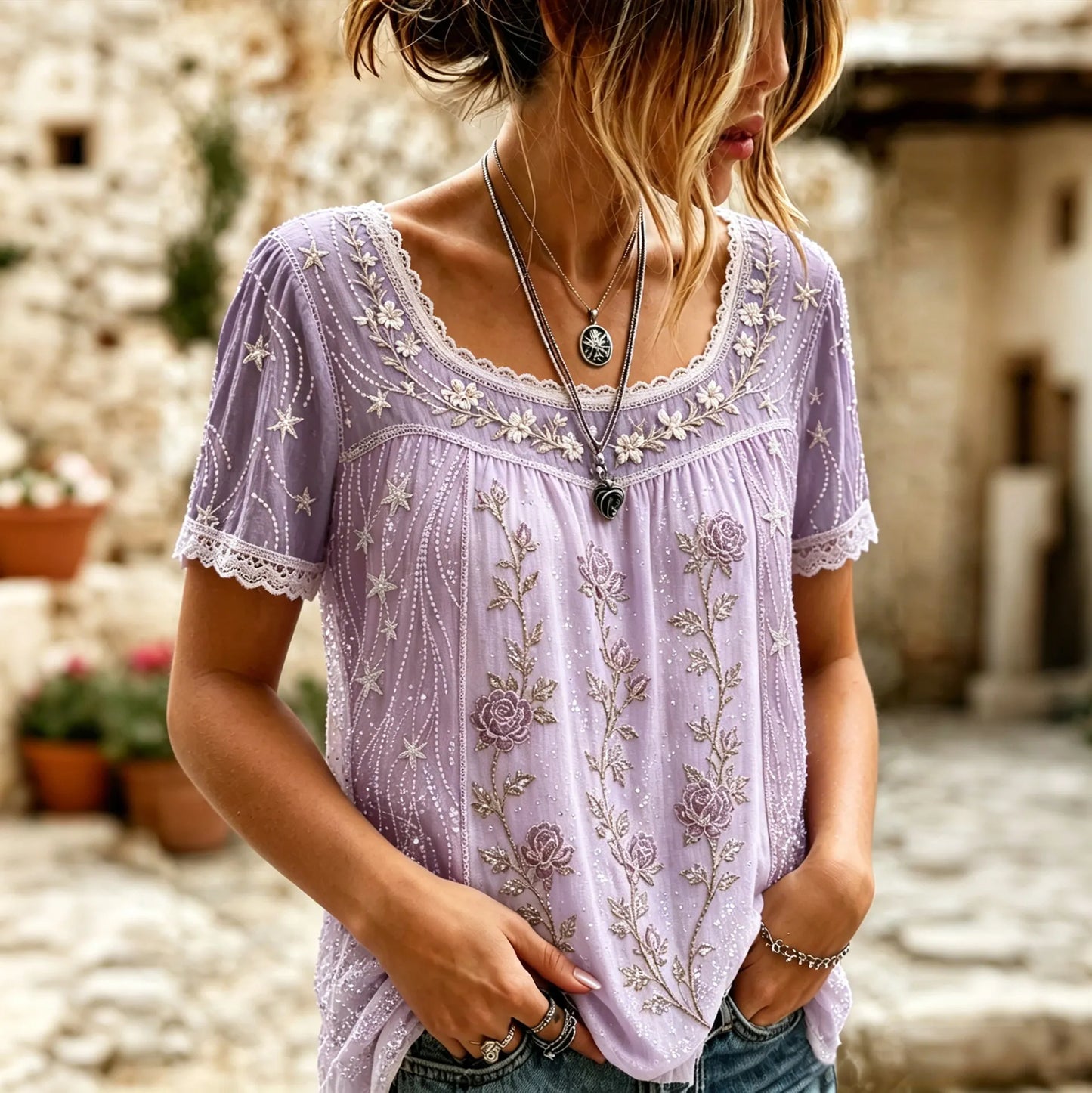Cardydony Women's Vintage Star And Flower Art Linen Blend Round Neck Short Sleeve Tops