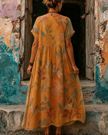 Cardydony Women's Retro Hippie Floral And Dragonfly Pattern Art Embroidered Linen Blend Maxi Dress