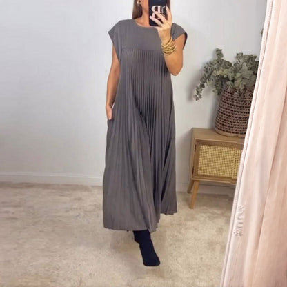 Cardydony Women's Elegant And Stylish Round-neck Pleated Maxi Dress