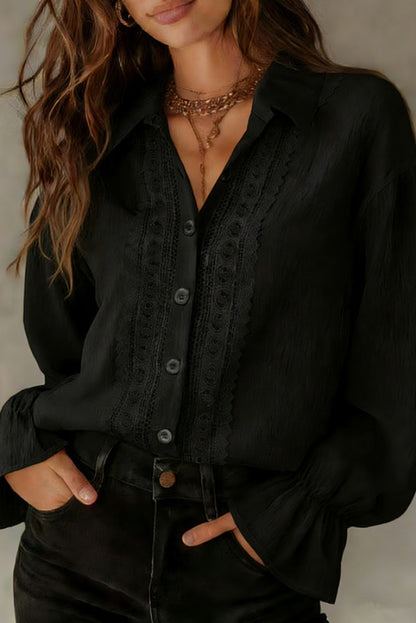 Cardydony Women's Solid Color Patchwork Lace Lapel Long-sleeved Button Casual Shirt
