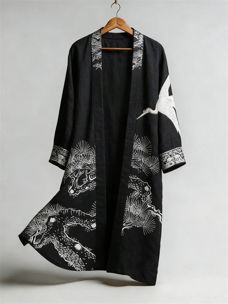 Cardydony Japanese Crane & Pine Trees Art Flowy Long Linen Kimono