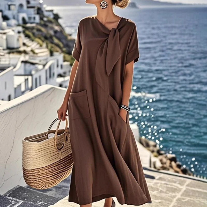 Cardydony Women's Elegant Bow-knot Pocket Cotton And Linen Midi Dress