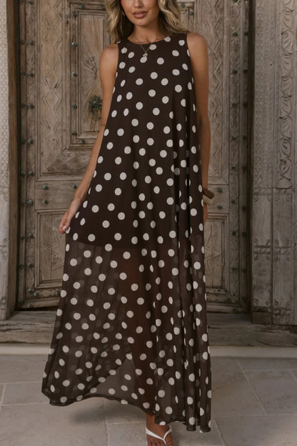 Cardydony Women's  Polka Dot Print Loose Round Neck Sleeveless Mesh Casual Maxi Dress