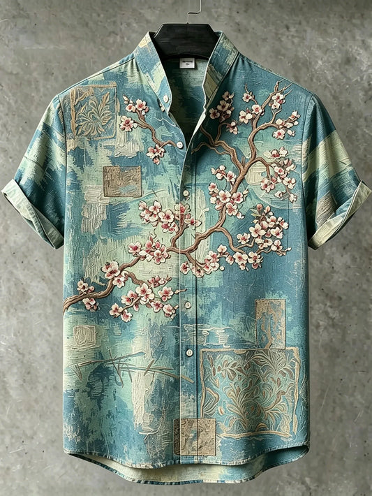 Cardydony Men's Retro Japanese Cherry Blossom Embroidered Print Short-sleeve Shirt