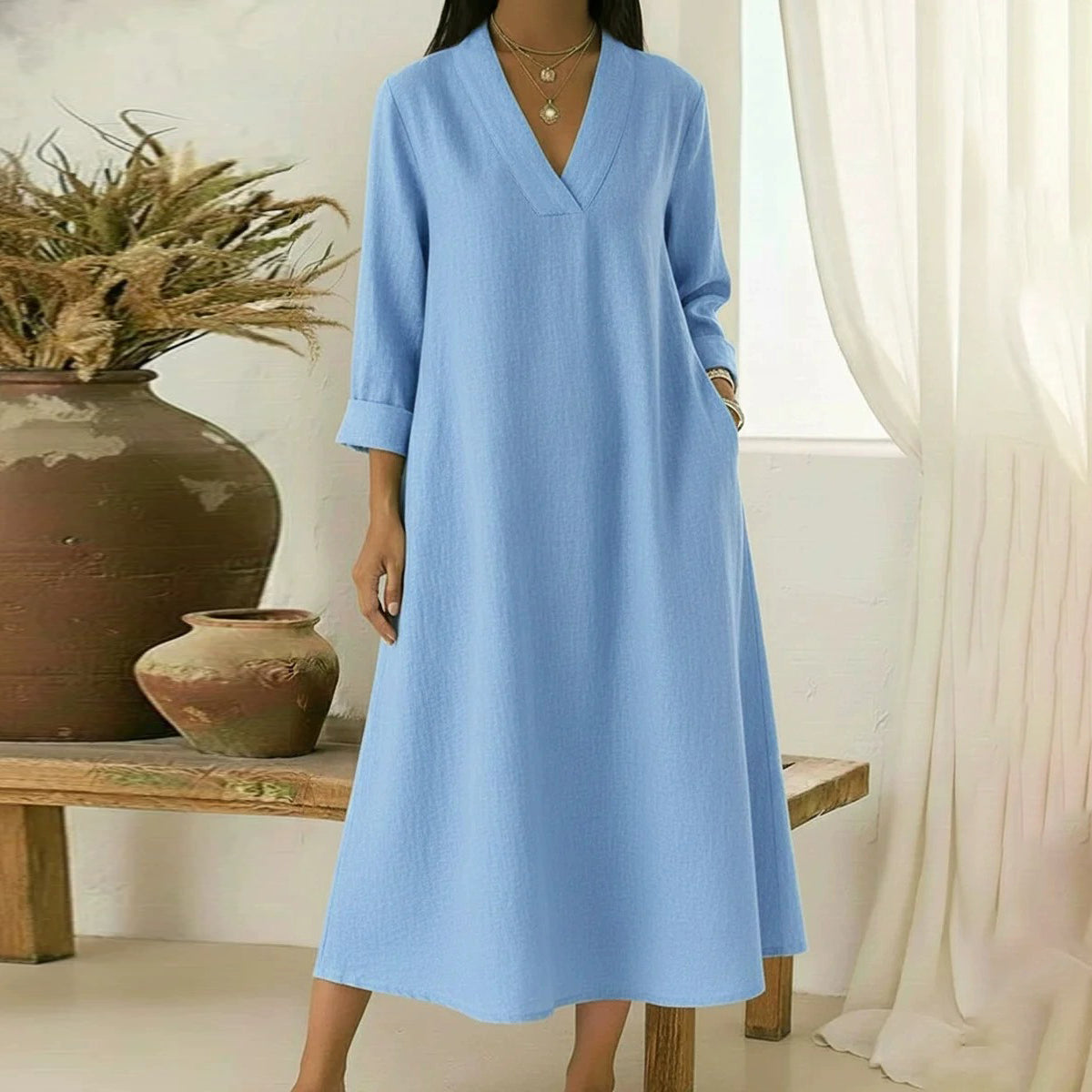Cardydony Women's Elegant V-neck Linen-cotton Maxi Dress