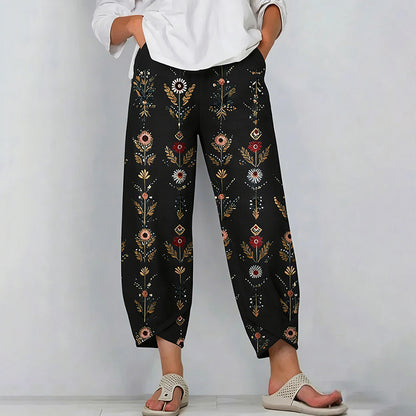 Cardydony Women's Retro Bohemian Floral Pattern Casual Linen Capri Pants