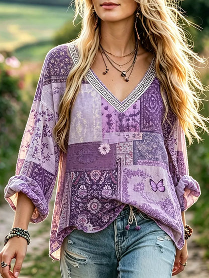 Cardydony Women's Retro Resort Patchwork Floral Print Cotton Linen Top