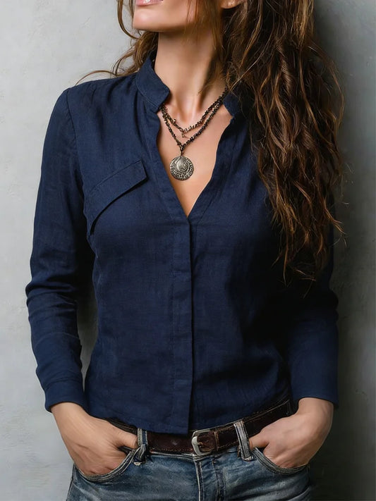 Cardydony Vintage Cotton Linen Slim Long Sleeve Shirt