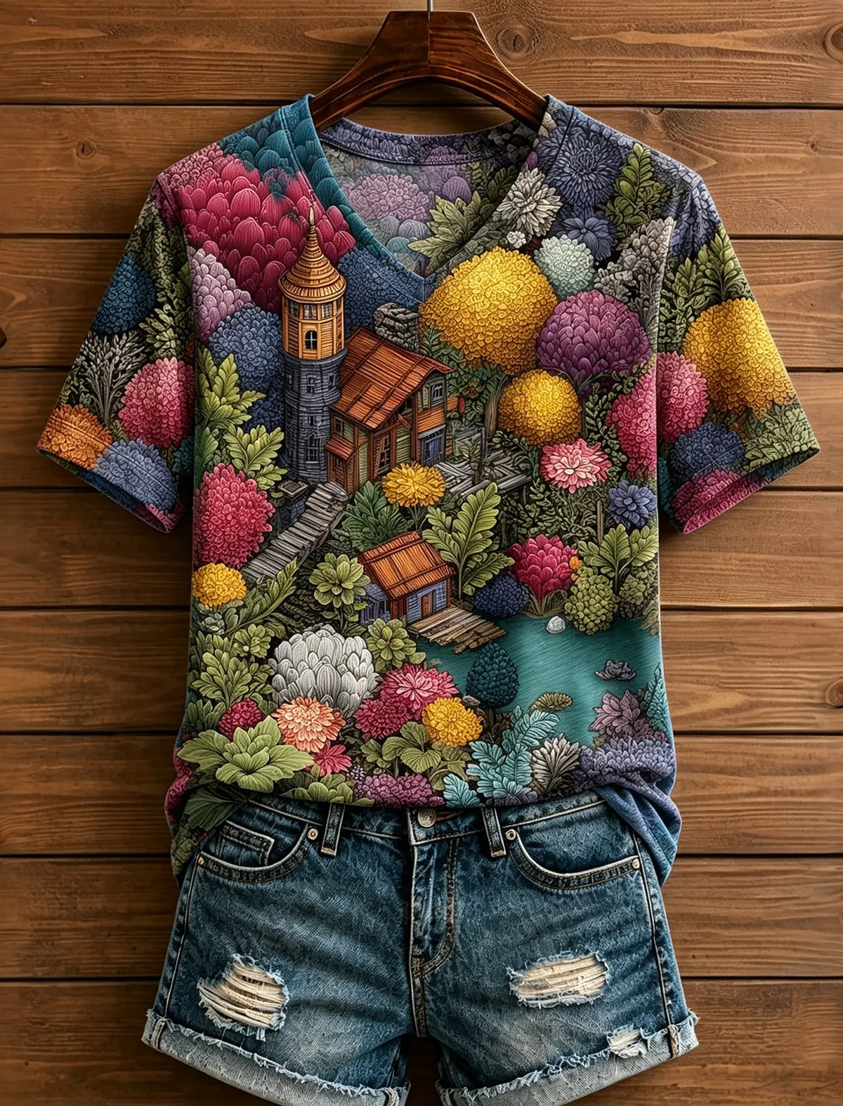 Cardydony Women's Whimsical Floral Secret Garden Cottage Art Print Boho Short Sleeve V‑neck T-shirt
