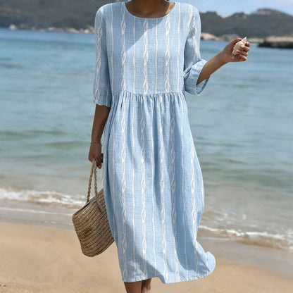 Cardydony Women's Simple Striped Art Print Casual Round Neck Dress