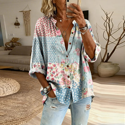 Cardydony Women's Vintage Floral Patchwork Long-sleeve Button-up Shirt