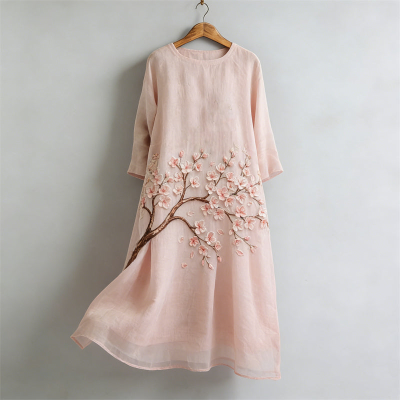 Cardydony Cherry Blossom Japanese Flowy Linen Maxi Dress