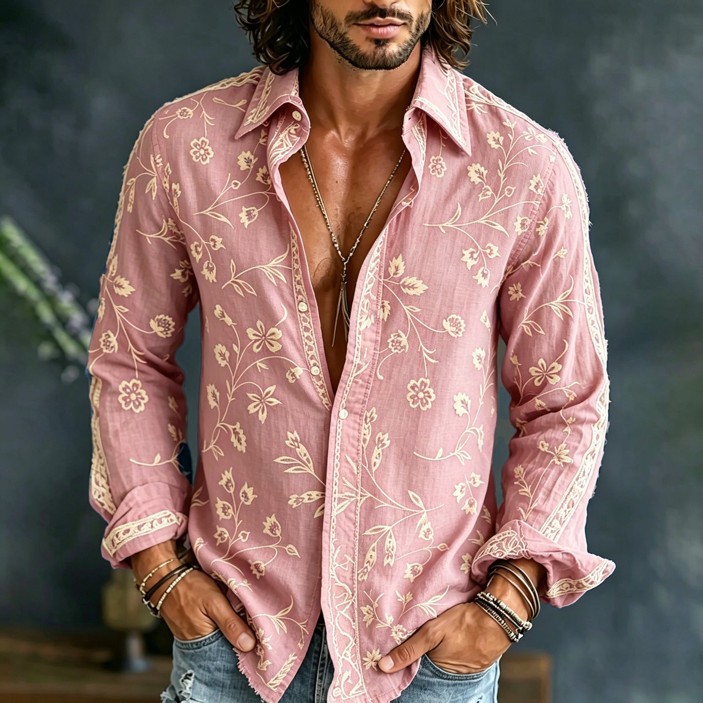 Cardydony Men's Vintage Spring Floral Embroidered Art Print Flowy Linen Blend Casual Shirt