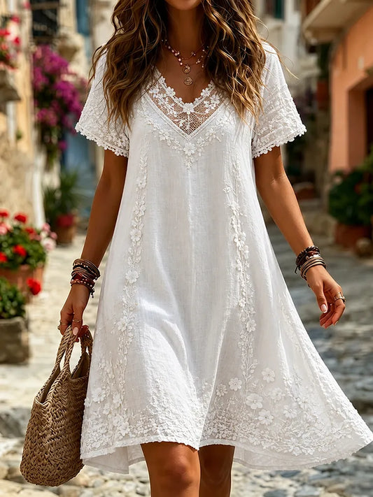 Cardydony Women's Floral Embroidered Lace Art V-neck Short Sleeve Midi Dress