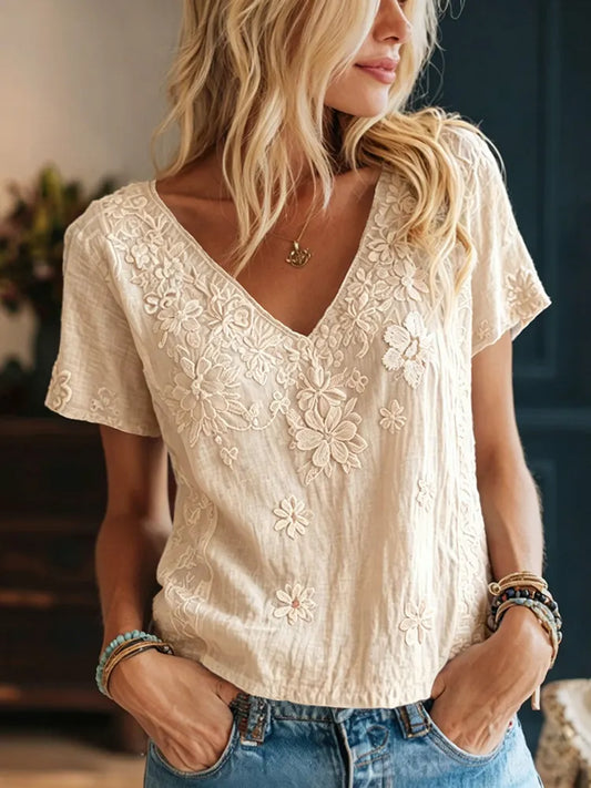 Cardydony Women's Retro Floral Art Embroidery Casual Cotton Linen V-neck T-shirt