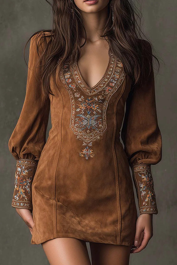 Cardydony Women's Fashionable Suede Embroidered V-neck Long-sleeved Slim-fit Mini Dress