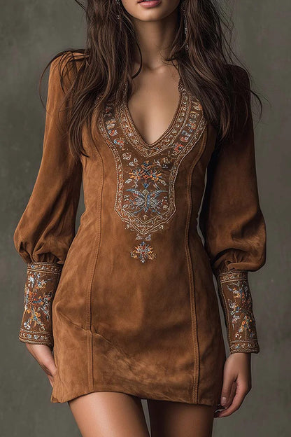 Cardydony Women's Fashionable Suede Embroidered V-neck Long-sleeved Slim-fit Mini Dress