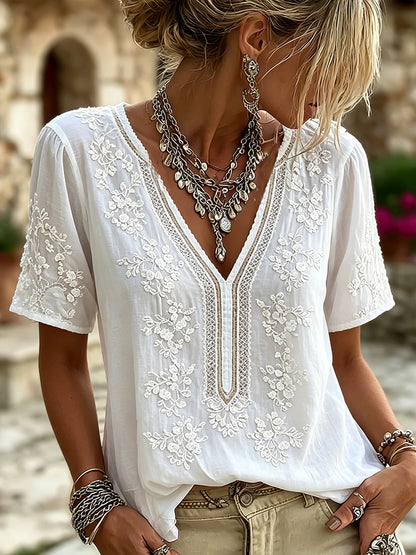 Cardydony Vintage White Floral Embroidered Artistic Cotton And Linen Short-sleeved Top