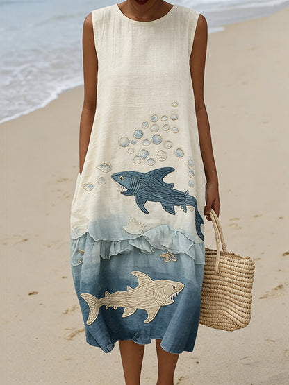 Cardydony Women's Vintage Shark Art Print Linen-blend Dress