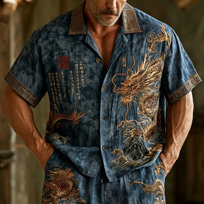 Cardydony Men's Dragon Pattern Calligraphy Embroidery Vintage Cotton And Linen Short Sleeve Shirt And Shorts Two-piece Set