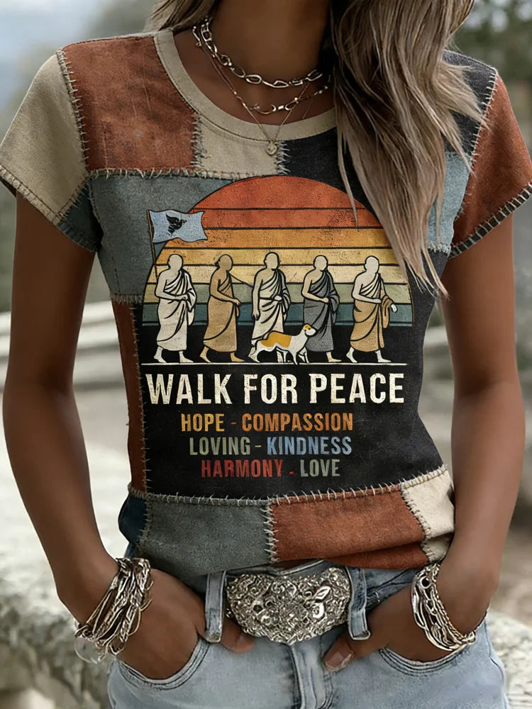 Cardydony Retro 2026 Walk For Peace Artistic Patchwork Print T-shirt