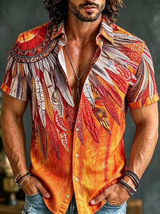 Cardydony Men's Retro Bohemian Hippie Style Feather Embroidered Print Short-sleeve Shirt