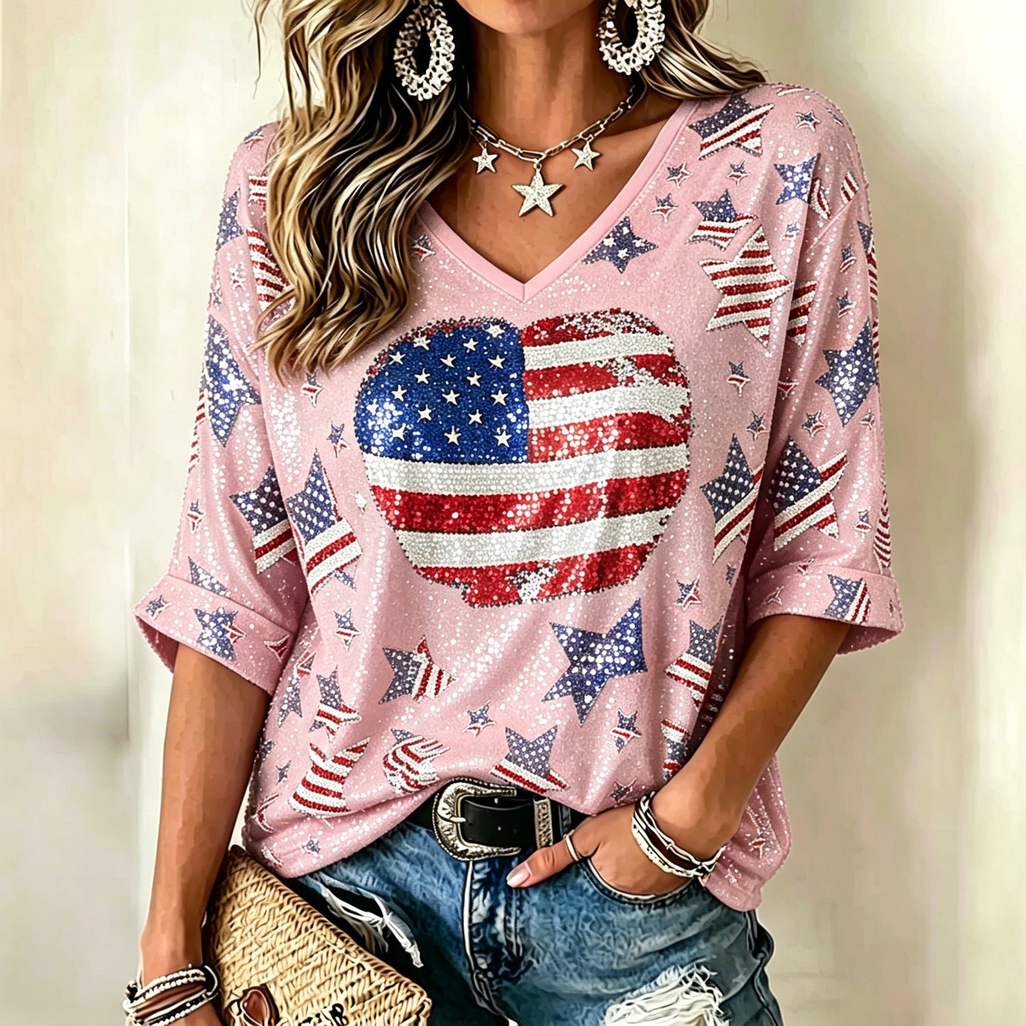 Cardydony Women's Vintage Independence Day Anniversary Heart Art Print T-shirt
