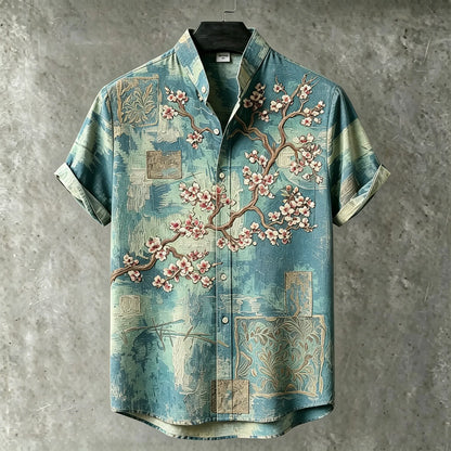 Cardydony Men's Retro Japanese Cherry Blossom Embroidered Print Short-sleeve Shirt