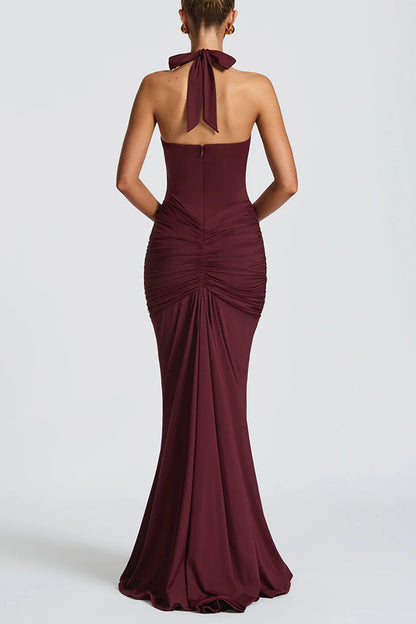 Cardydony Women's Solid Color Elegant Halterneck V-neck Open Back Tie Gathered Maxi Dress